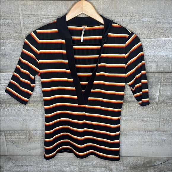 Free People Tops - Free People XS retro striped rainbow v neck collar 3/4 sleeve top xs